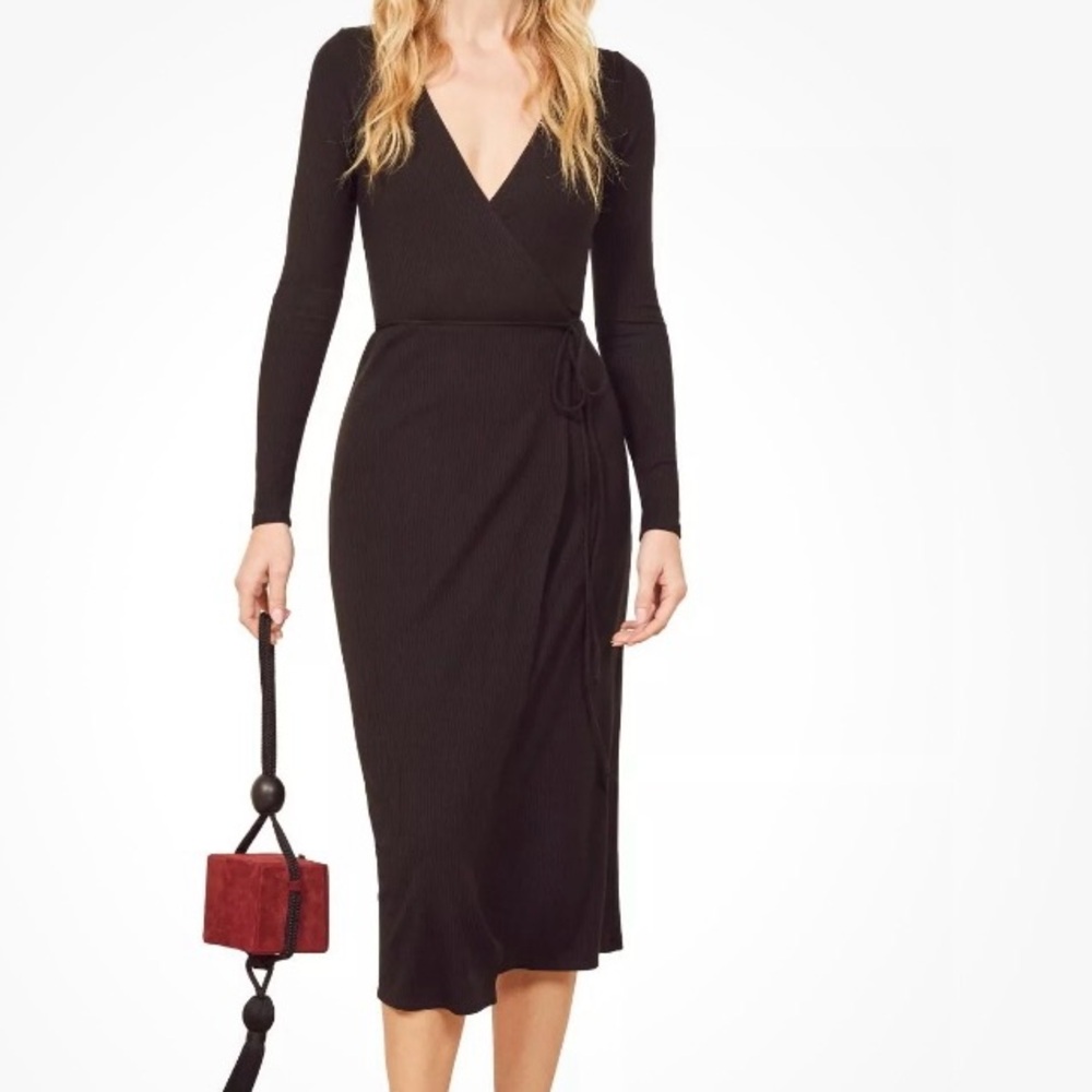 REFORMATION Jeans Celine Wrap Dress Size Medium Black Ribbed Stretch Knit